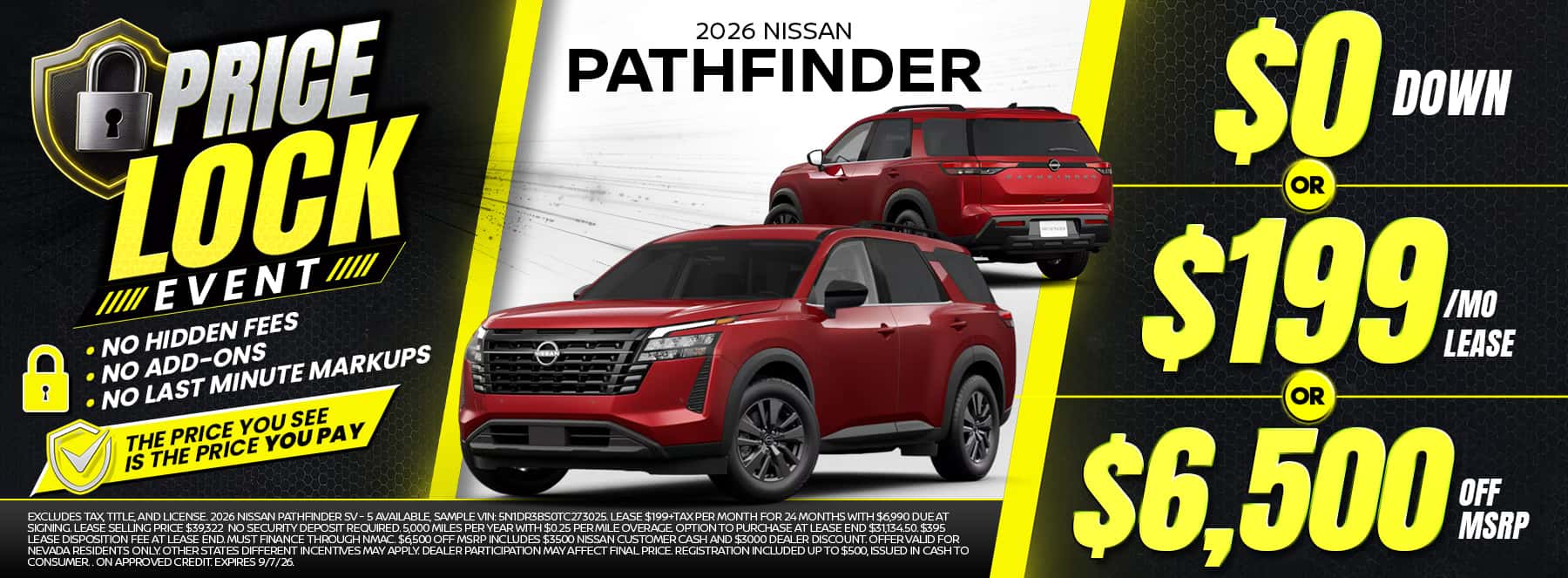 Shop the 2026 Nissan Pathfinder three-row SUV—choose $0 down, a $199-per-month lease, or $6,500 off MSRP during the Price Lock Event.