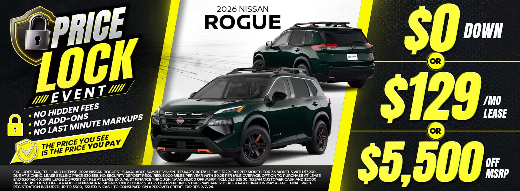 Get behind the wheel of a new 2026 Nissan Rogue with $0 down, lease from only $129 per month, or save $5,500 off MSRP.