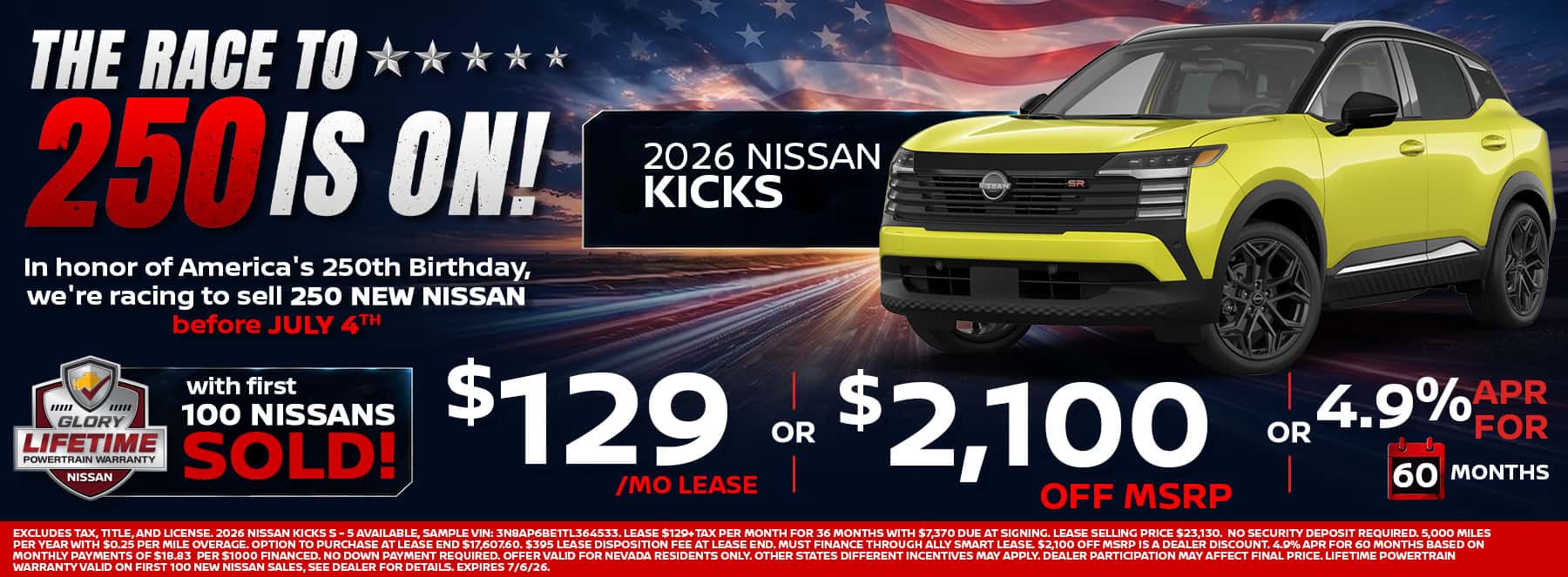 2026 Nissan Kicks compact SUV for sale at Glory Nissan in Las Vegas. Race to 250 event features Kicks from $129 per month lease, $2,100 off MSRP, or 4.9% APR for 60 months. Affordable Nissan crossover with excellent fuel economy, advanced safety technology, and modern connectivity.
