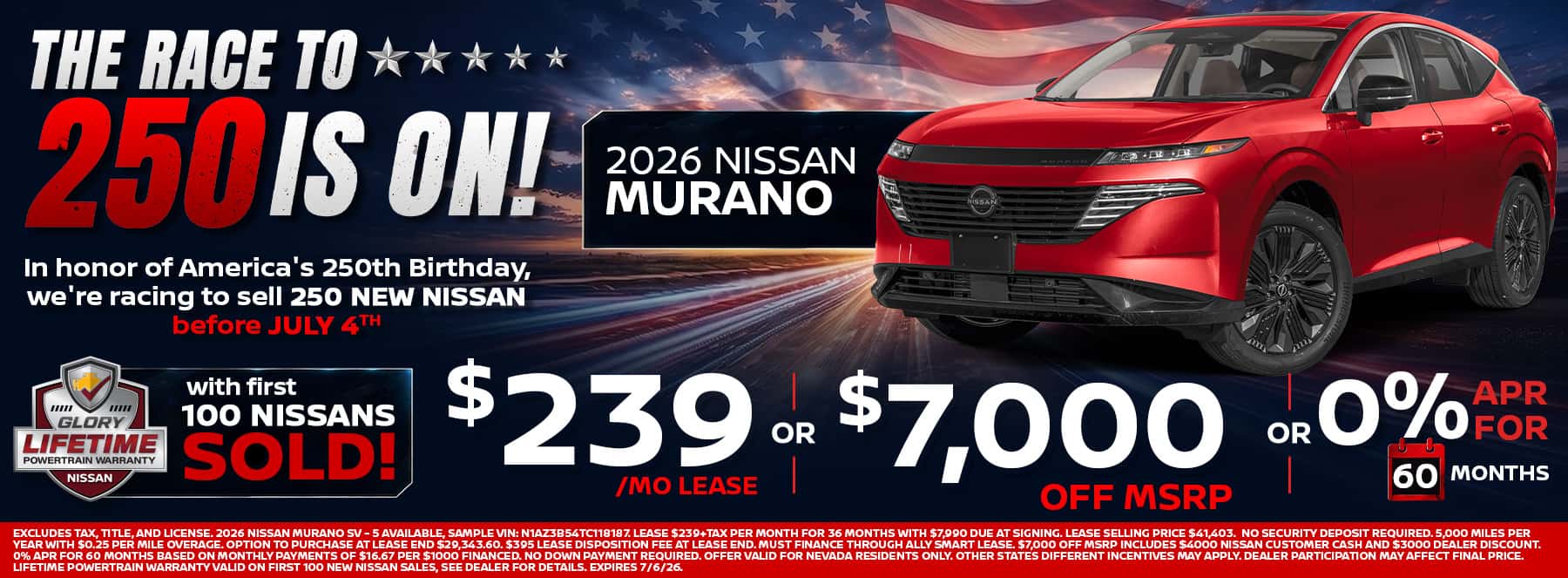 2026 Nissan Murano luxury crossover for sale in Las Vegas during the Glory Nissan Race to 250 event. Lease a new Murano from $239 per month, receive $7,000 off MSRP, or qualify for 0% APR financing for 60 months. Premium Nissan SUV with upscale styling, comfort, and advanced technology.