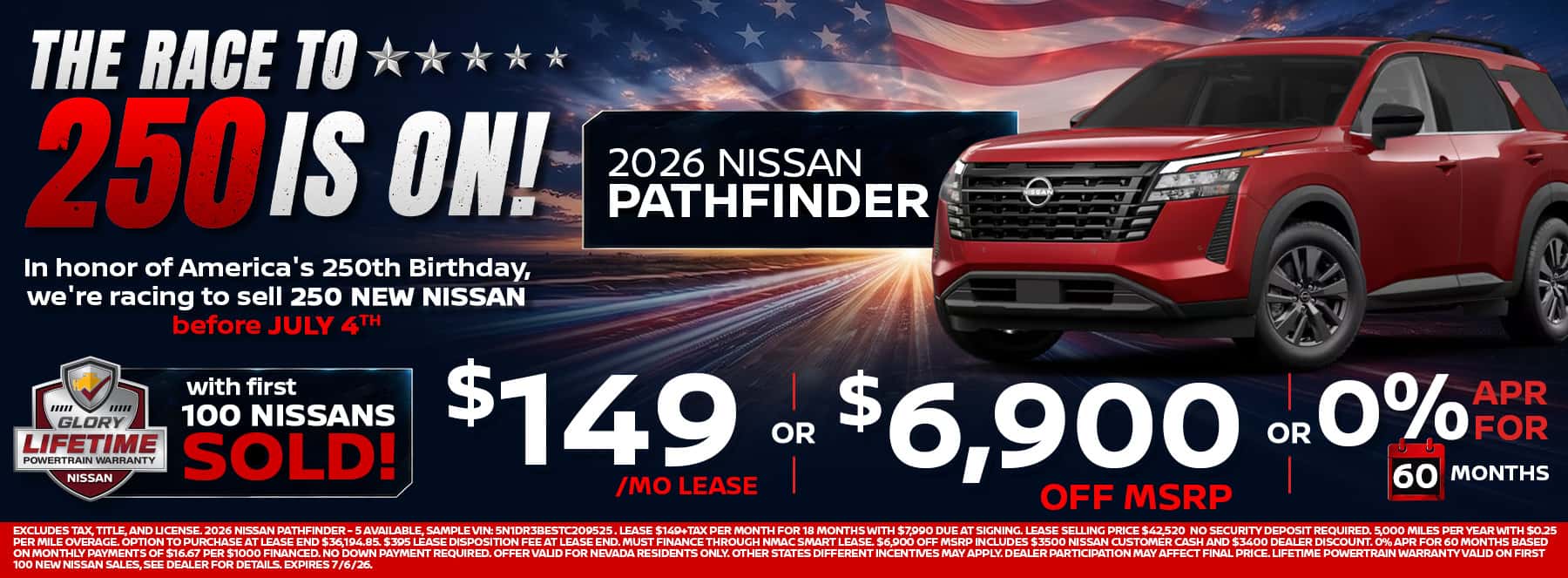 2026 Nissan Pathfinder SUV for sale at Glory Nissan Las Vegas. Race to 250 sales event offers Pathfinder from $149 per month lease, $6,900 off MSRP, or 0% APR for 60 months. Three-row Nissan SUV with seating for up to eight passengers, advanced safety features, and family adventure capability.