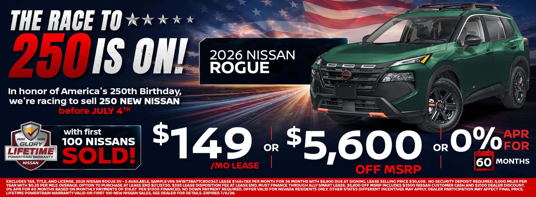 2026 Nissan Rogue SUV for sale in Las Vegas during Glory Nissan Race to 250 event. New Rogue available from $149 per month lease, $5,600 off MSRP, or 0% APR financing for 60 months. Popular Nissan crossover with family-friendly technology, safety features, and versatile cargo space.