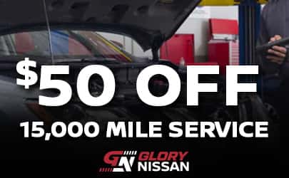Get $50 off your Nissan 15,000-mile service at Glory Nissan. Scheduled maintenance performed by certified Nissan technicians helps keep your vehicle running safely and efficiently.