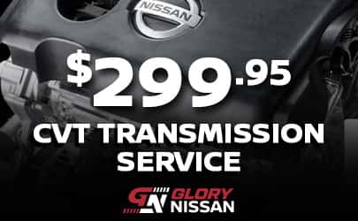 Protect your Nissan’s transmission with a CVT Transmission Service at Glory Nissan for $299.95. Factory-trained technicians help maintain smooth shifting, optimize performance, and extend transmission life.