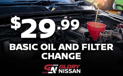 Save on Nissan service at Glory Nissan with a $29.99 oil change, same-day service, certified Nissan technicians, free 72-point inspection, complimentary shuttle, transparent pricing, and walk-in appointments available.