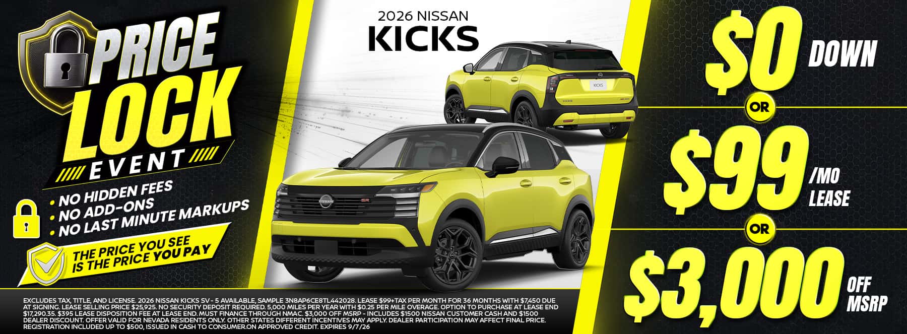 Shop the 2026 Nissan Kicks compact SUV—choose $0 down, a $99-per-month lease, or $3,000 off MSRP during the Price Lock Event.