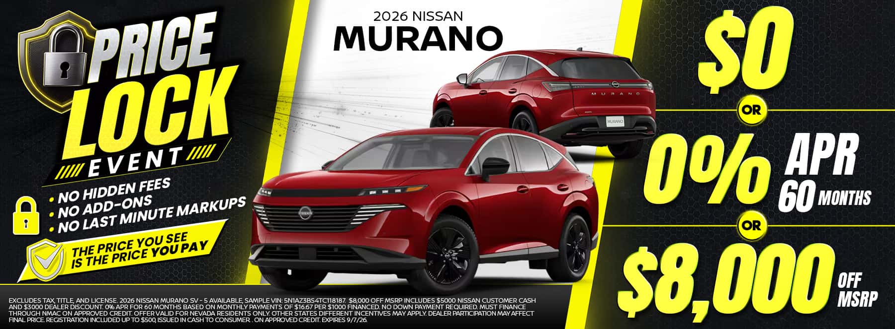 Shop the 2026 Nissan Murano SUV—choose $0 down, 0% APR for 60 months, or $8,000 off MSRP during the Price Lock Event.