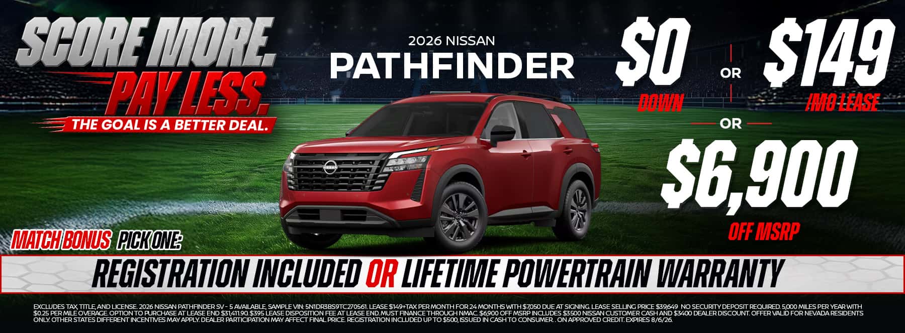 Shop the 2026 Nissan Pathfinder at Glory Nissan with $0 down, lease from just $159 per month, or save $6,900 off MSRP. Choose your Match Bonus including registration, a lifetime powertrain warranty, or no payments for 6 months.