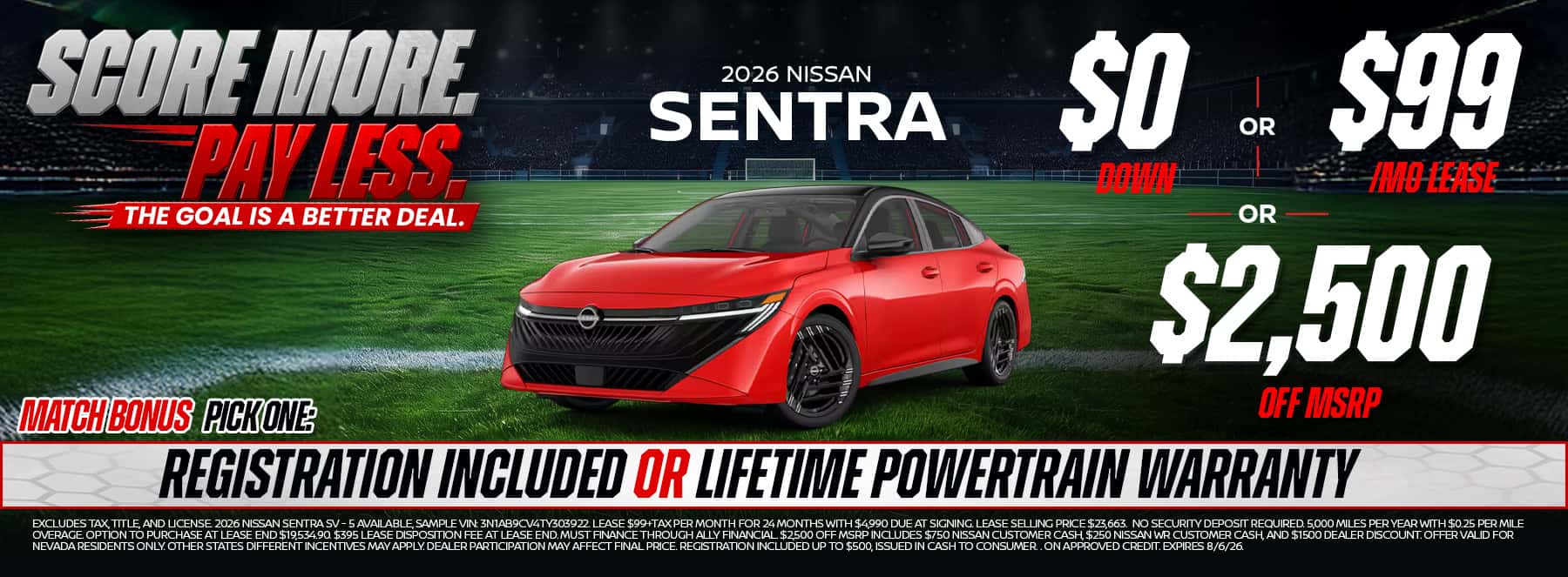 Drive a new 2026 Nissan Sentra with $0 down, lease for only $99 per month, or save $2,500 off MSRP. Choose your Match Bonus and enjoy outstanding value at Glory Nissan.