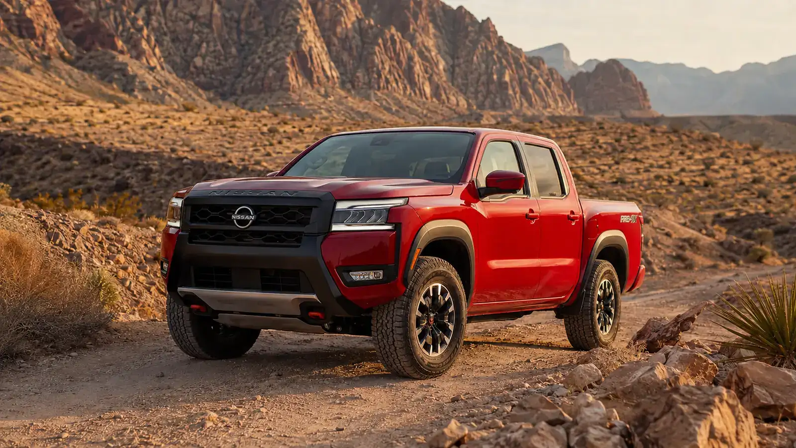 Nissan Frontier PRO-4X Crew Cab parked on a rocky desert trail near Las Vegas