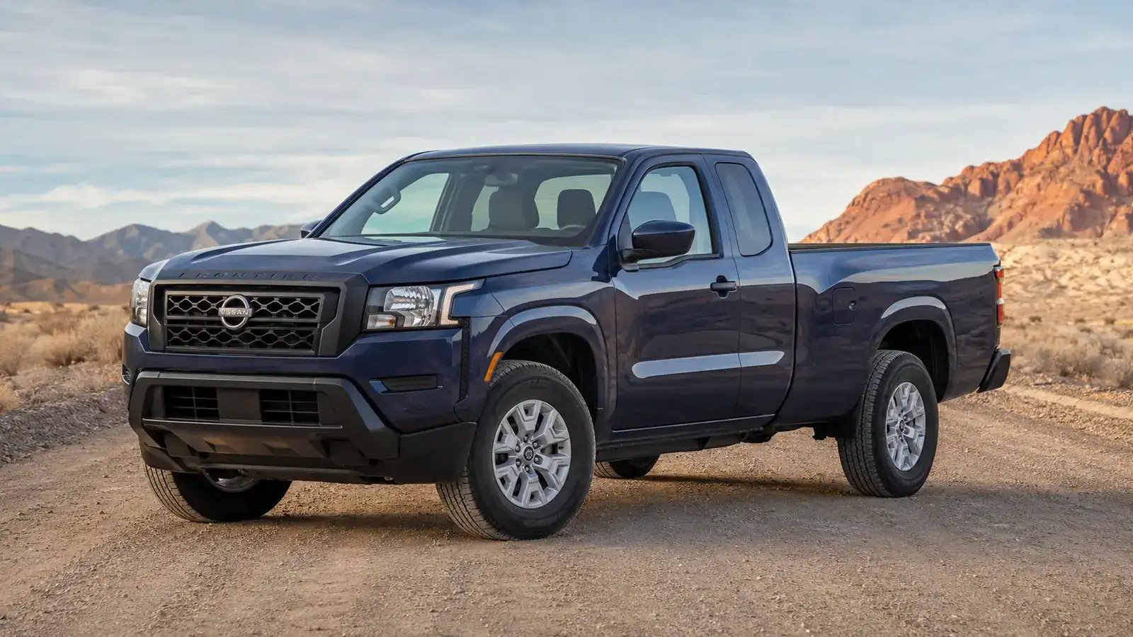 Nissan Frontier King Cab with the 6-foot bed parked on a desert road outside Las Vegas