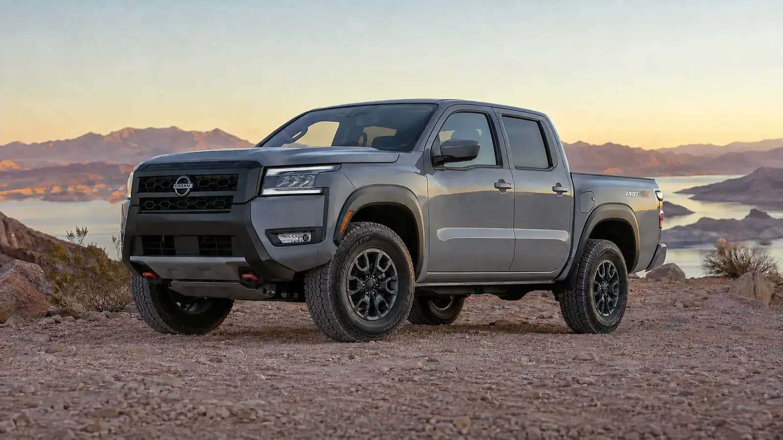 Nissan Frontier PRO-4X Crew Cab parked on rocky ground above Lake Mead near Las Vegas