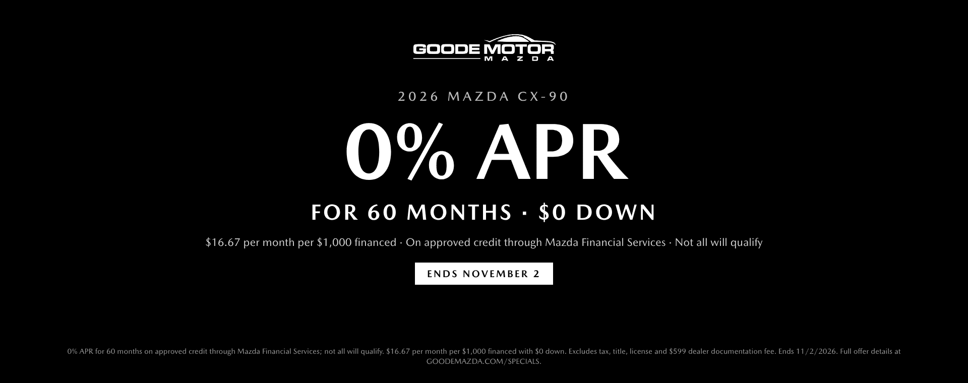 Alt text: 2026 Mazda CX-90 0% APR for 60 months with $0 down at Goode Motor Mazda