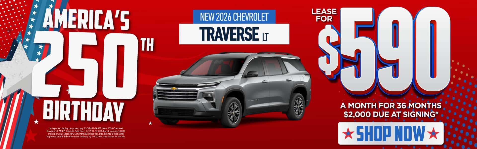 New 2026 Chevrolet Traverse LT Lease for $590/mo for 36 months -$2,000 due at signing*