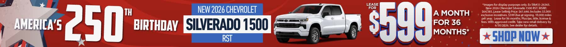 New 2026 Chevrolet Silverado 1500 RST Lease for $599/mo for 36 months*