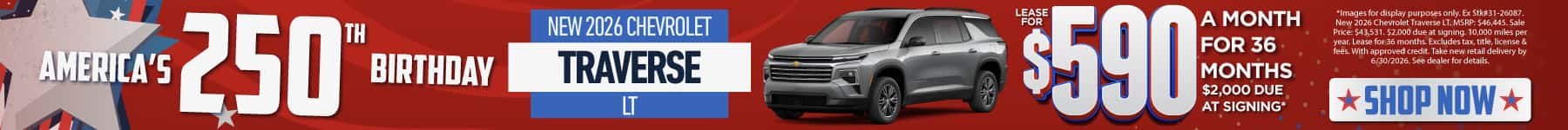 New 2026 Chevrolet Traverse LT Lease for $590/mo for 36 months -$2,000 due at signing*