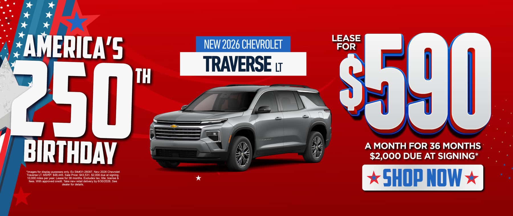 New 2026 Chevrolet Traverse LT Lease for $590/mo for 36 months $2,000 due at signing*