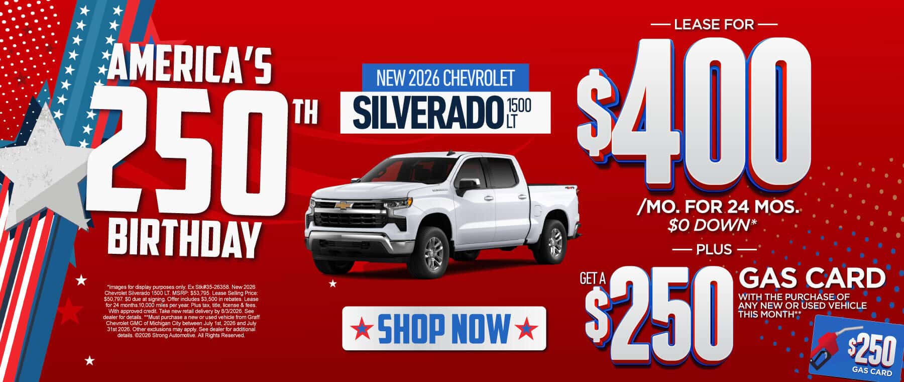 New 2026 Chevrolet Silverado 1500 LT Lease for $400/mo for 24 months - $0 down* PLUS Get a $250 Gas Card with the purchase of any new or used vehicle this month**