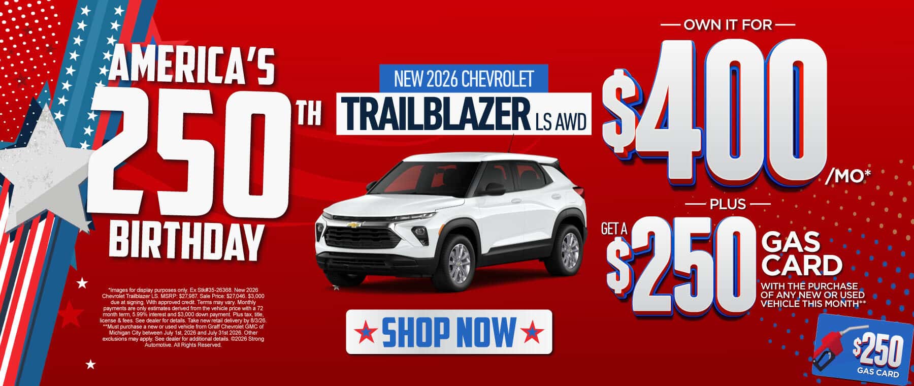 New 2026 Chevrolet Trailblazer LS AWD Own it for $400/mo* PLUS Get a $250 Gas Card with the purchase of any new or used vehicle this month**