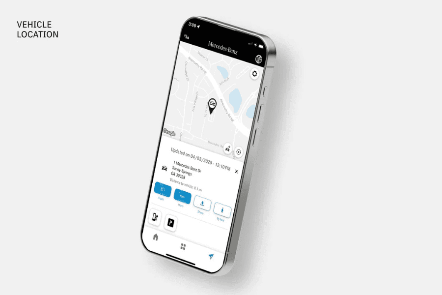 Mercedes-Benz app Locate Vehicle feature displayed on a smartphone