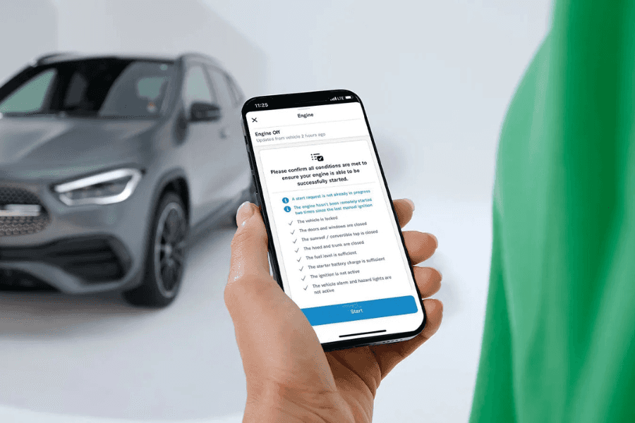 Mercedes-Benz app Remote Engine Start feature on a smartphone