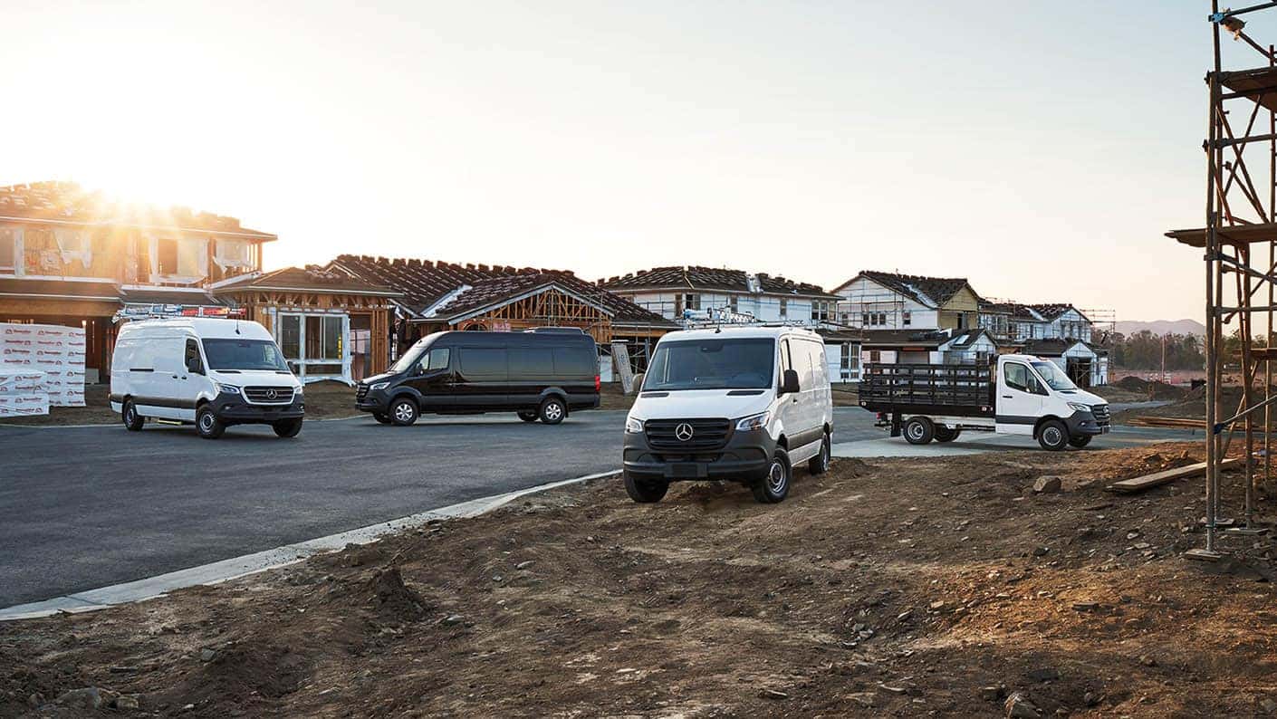 Mercedes-Benz Sprinter commercial vehicle configurations at a construction site
