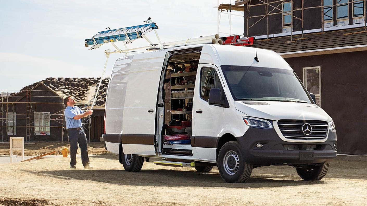 Mercedes-Benz Sprinter commercial van equipped with shelving and contractor tools