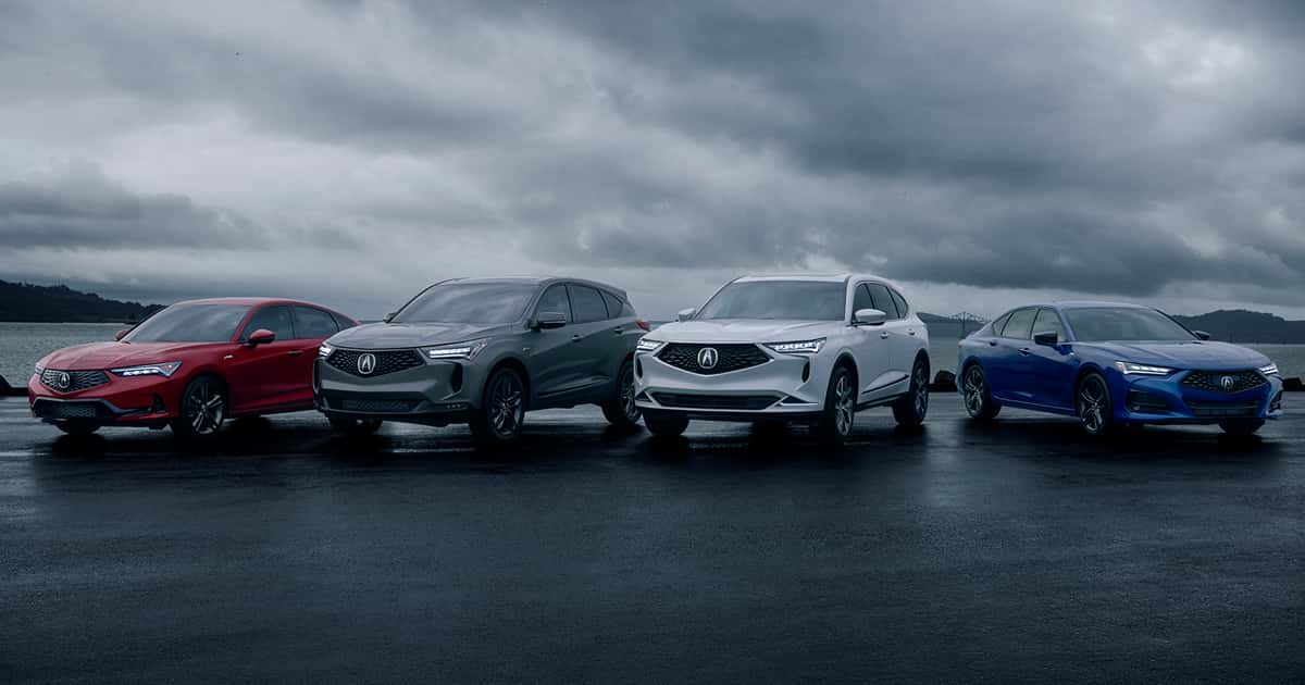 A lineup of Acura vehicles including the Acura Integra, Acura RDX, Acura MDX and the Acura TLX