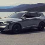 A silver Acura MDX with blacked-out wheels parked by a lake.