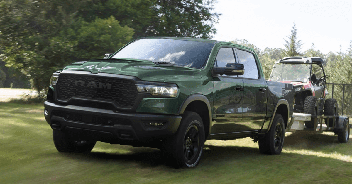 Green Ram 1500 Towing a Trailer