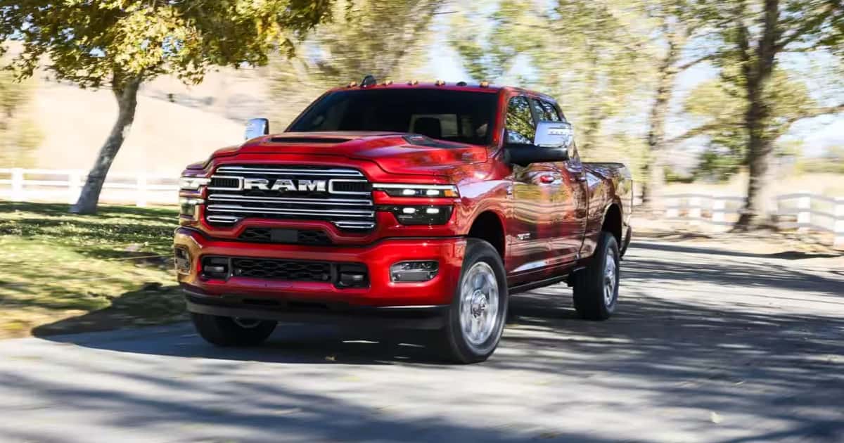 A Ram 2500 heavy-duty pickup truck in a bold red