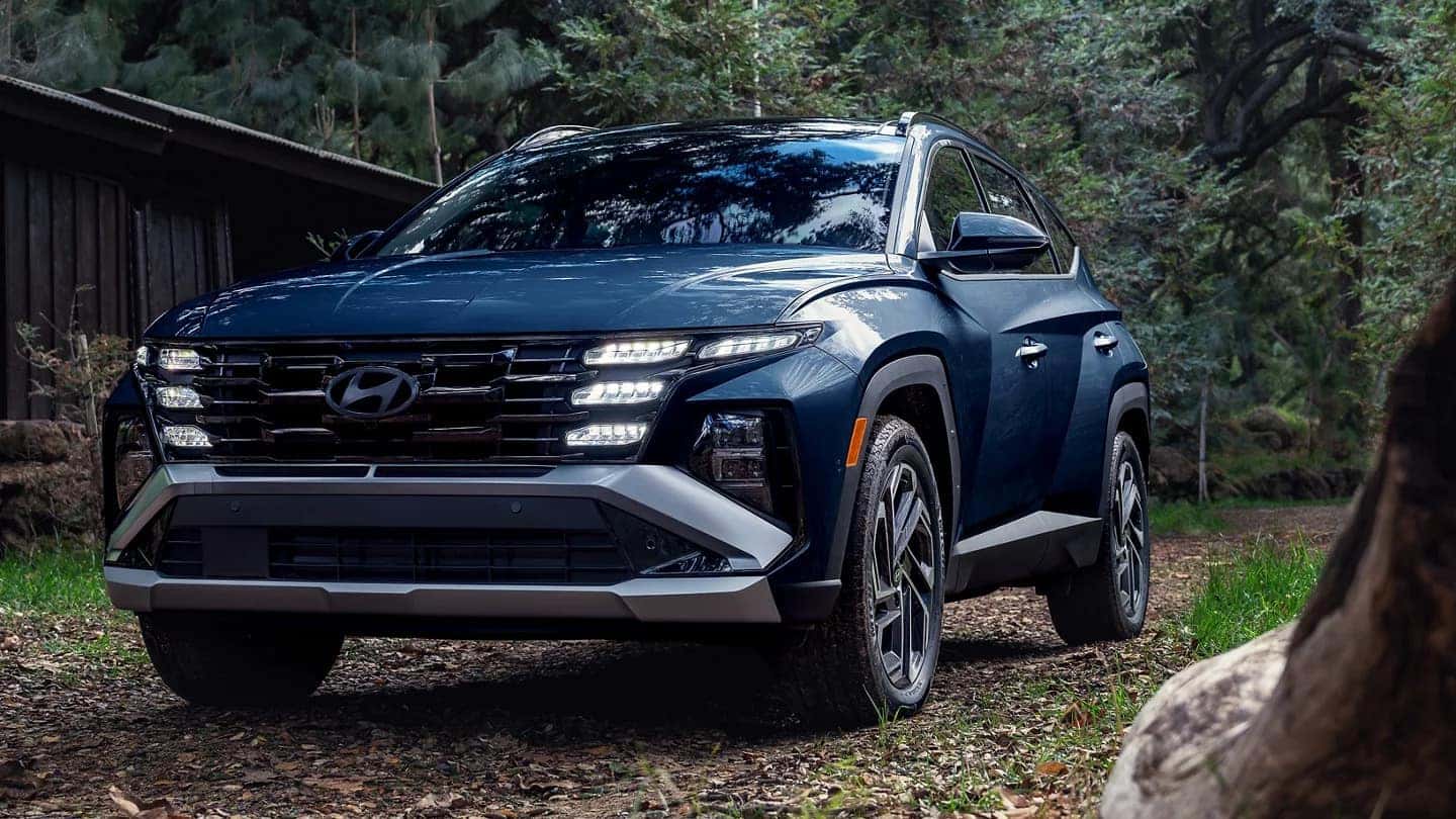 A blue Hyundai Tucson in a forest near a cabin
