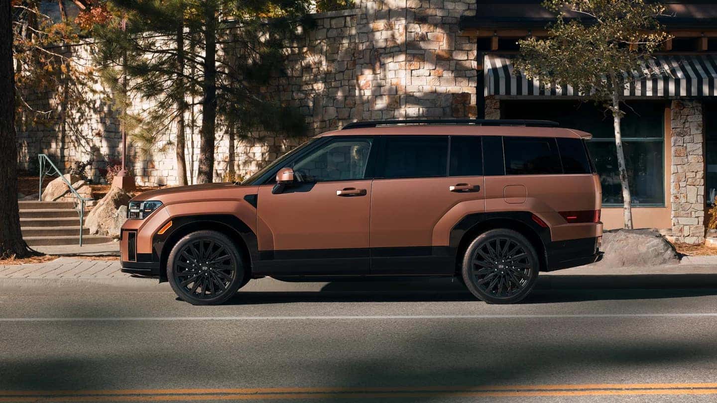 A brown Hyundai Santa Fe in profile parked by the curb