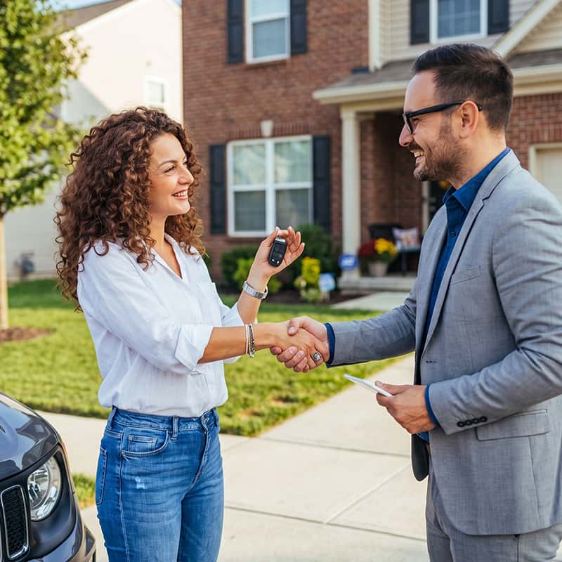 A man and woman shake hands in front of a parked car, symbolizing a business agreement or partnership.