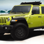 The Jeep Wrangler High Tide transposed on an image of waves on the beach