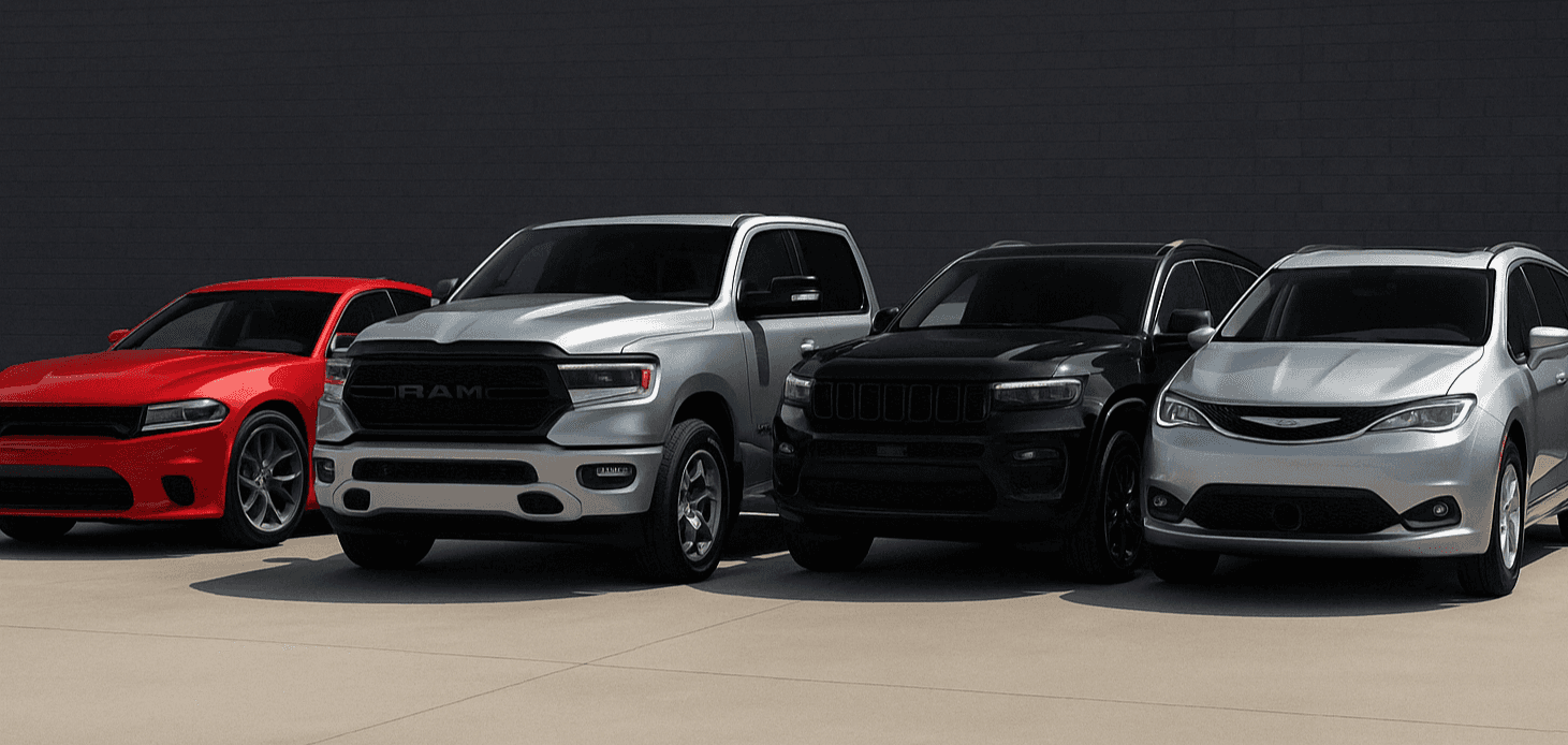 Lineup of four vehicles—Dodge Charger, RAM 1500, Jeep Grand Cherokee, and Chrysler Pacifica—parked in front of a dark brick wall under daylight, showcasing a variety of body styles from performance car to family van.