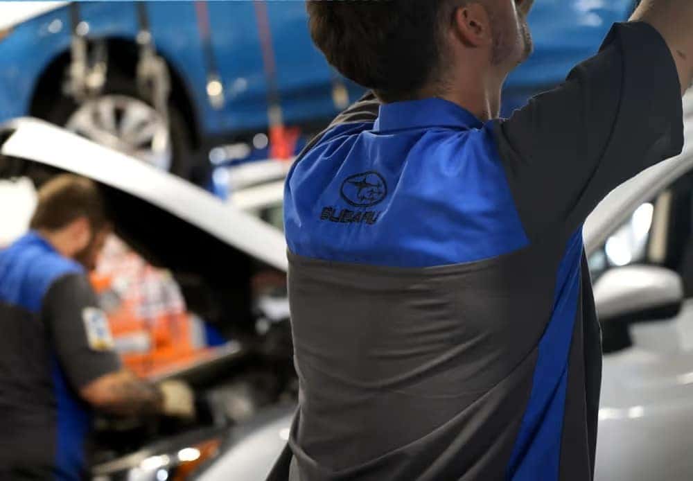 Hello Subaru of Temecula Service Tech working on a Subaru in the shop.