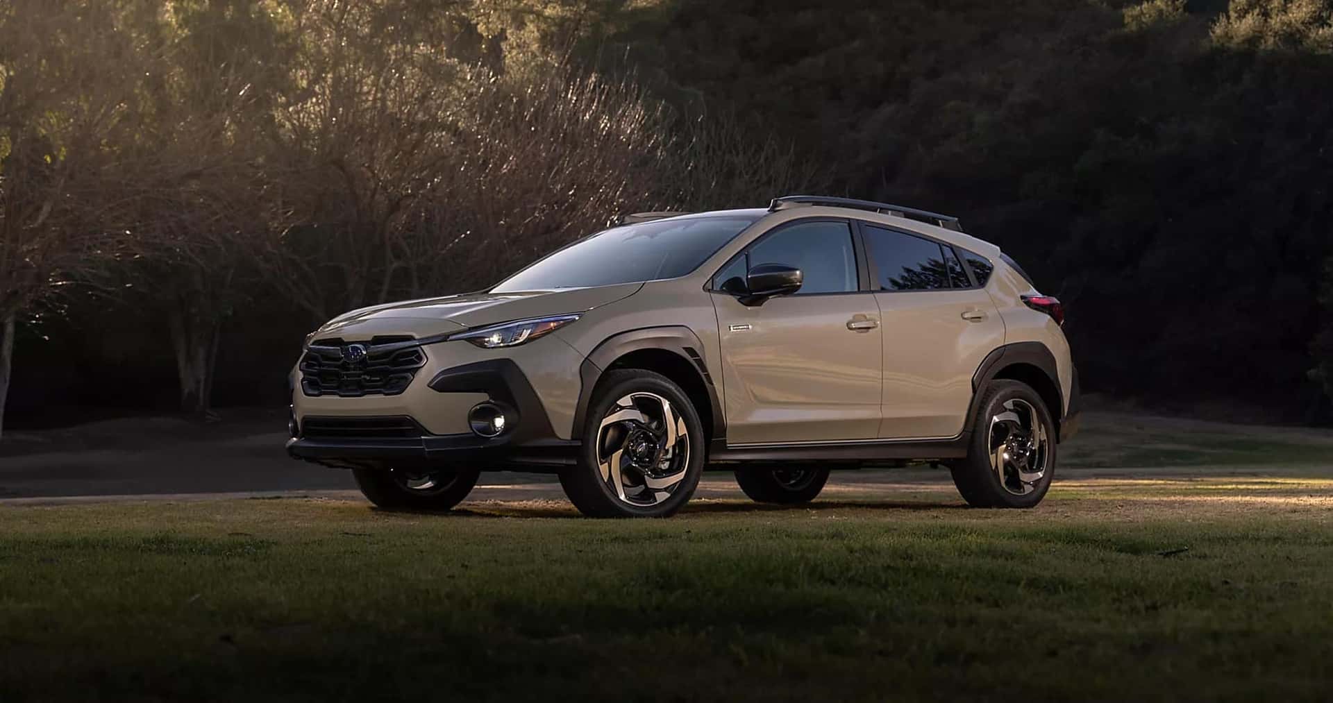 Dusk image of a white Subaru Crosstrek