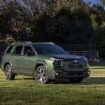A green Subaru Outback parked on the grass