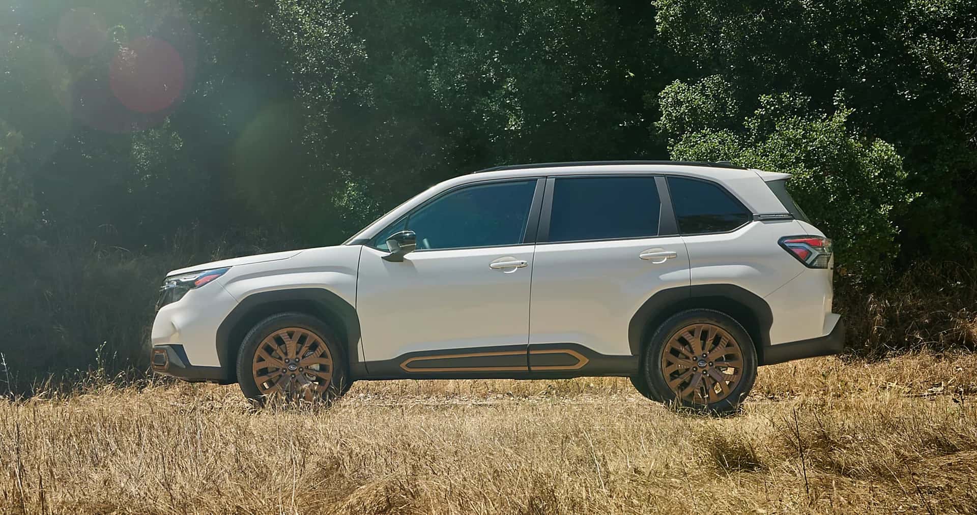 A white Subaru Forester park outside in a field.