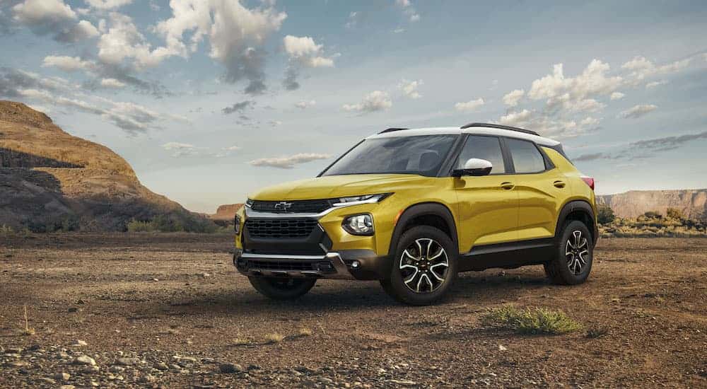 A yellow 2023 Chevy Trailblazer from the front at an angle.