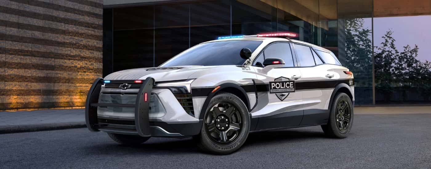 A white 2025 Chevy Blazer EV PPV from the front at an angle.