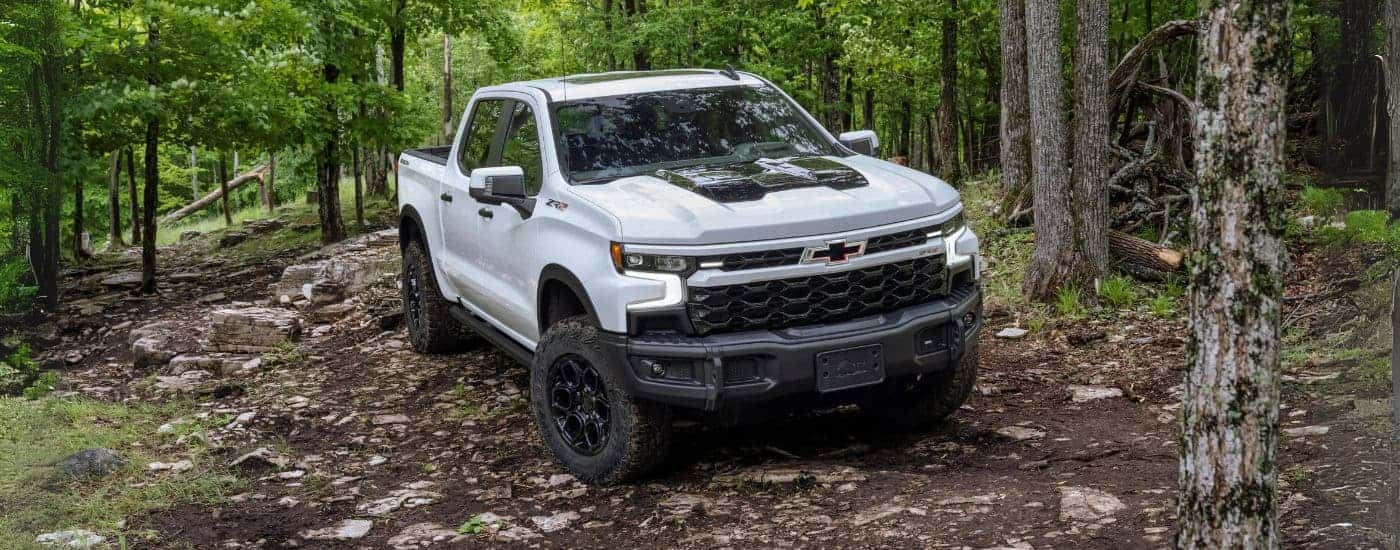 A white 2023 Chevy Silverado 1500 ZR2 Bison off-roading