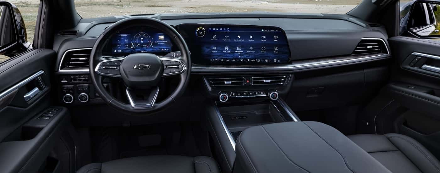 The black interior of a 2025 Chevy Tahoe for sale.