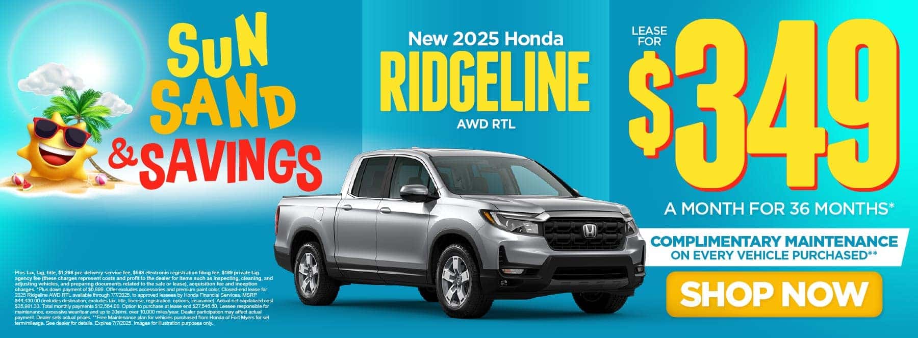 New 2025 Honda Ridgeline AWD RTL Lease for $349/mo for 36 months* Free Maintenance on Every Vehicle Purchased** Shop Now