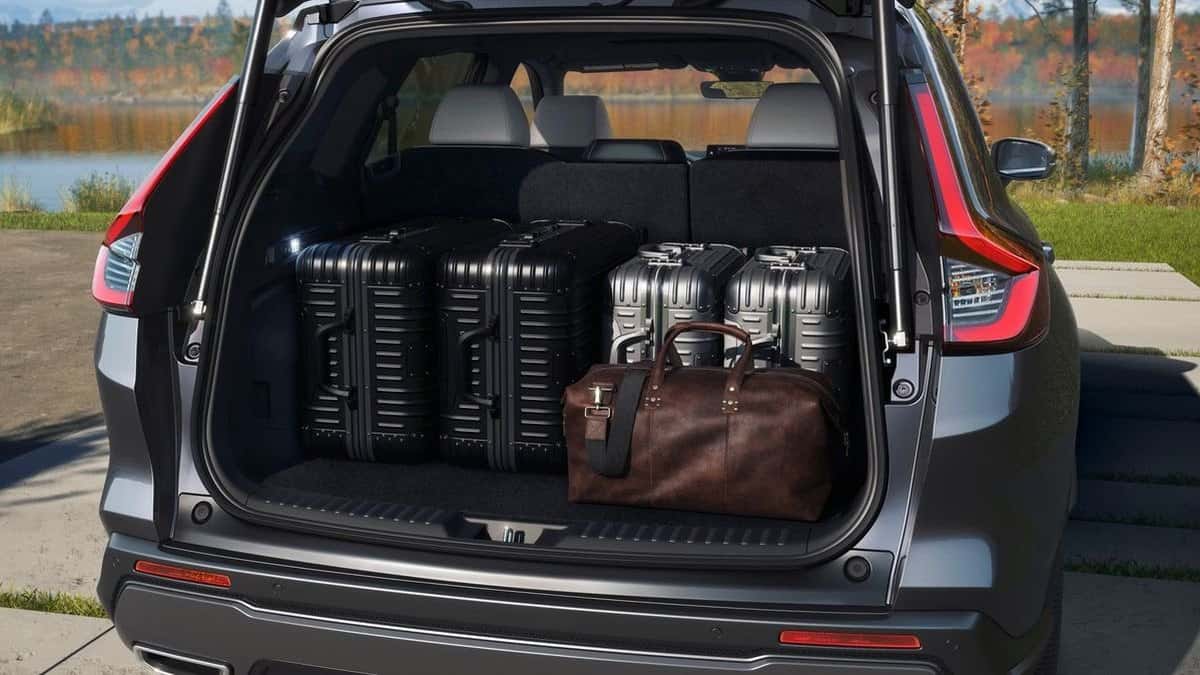 2026 Honda CR-V cargo area loaded with luggage, tailgate open