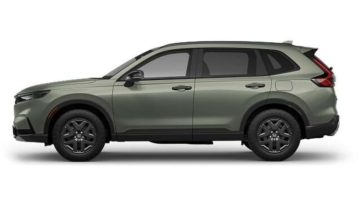 2026 Honda CR-V TrailSport Hybrid side profile in Ash Green Metallic with all-terrain tires
