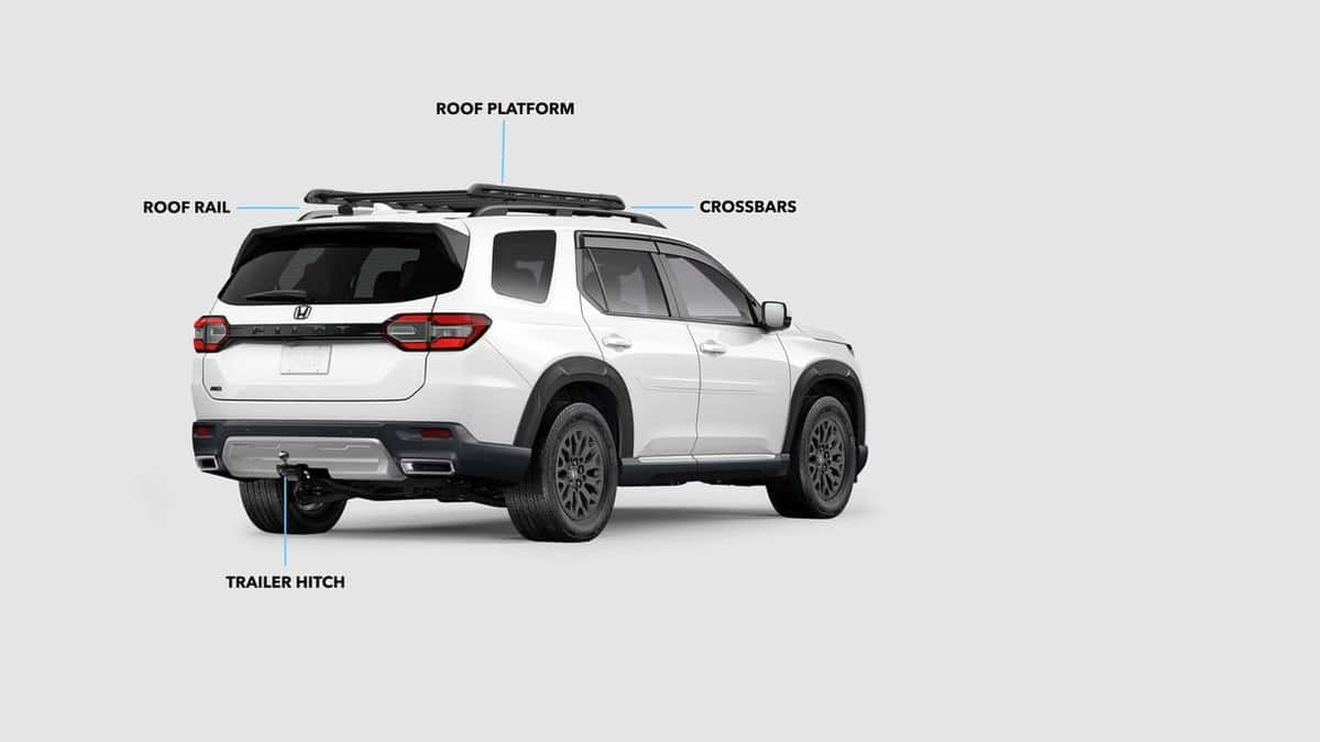 2026 Honda Pilot rear view with Honda Genuine Accessories labeled: roof platform, roof rails, crossbars, trailer hitch