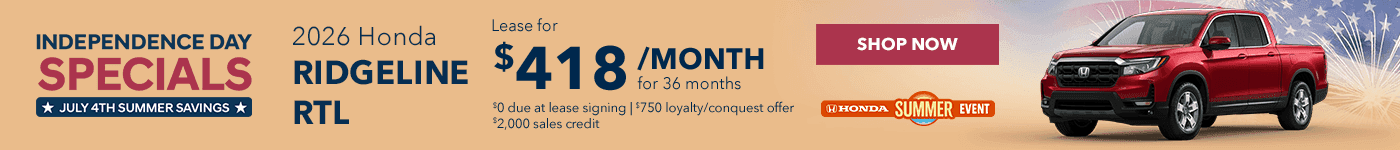 2026 Ridgeline RTL Subtext Lease for $418/month for 36 months $0 due at lease signing $750 loyalty/conquest offer