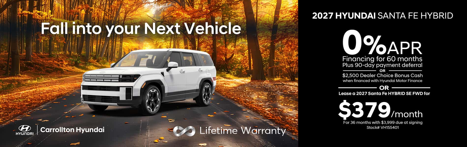 2027 Santa Fe hybrid finance offer, cash offer, and lease offer.